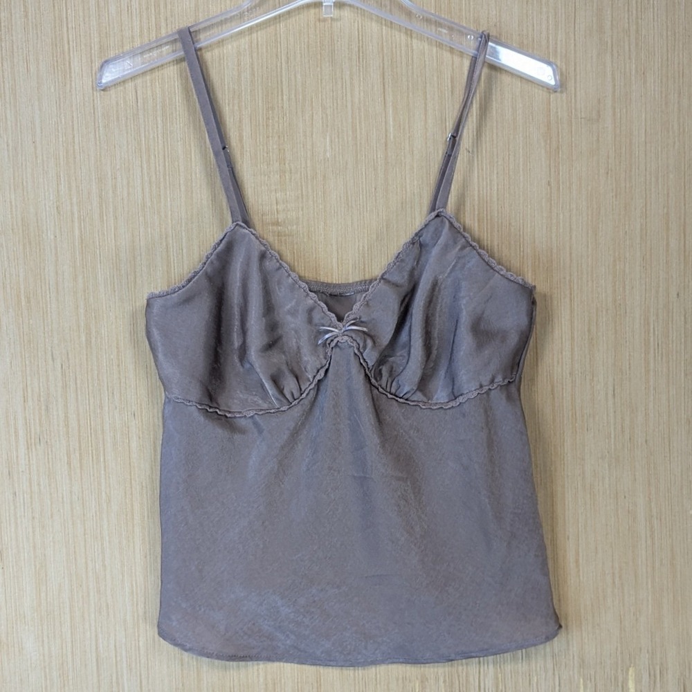 Coquette Dainty Satin Lace Trim Cami Babydoll Top Size L Brown Taupe Layering